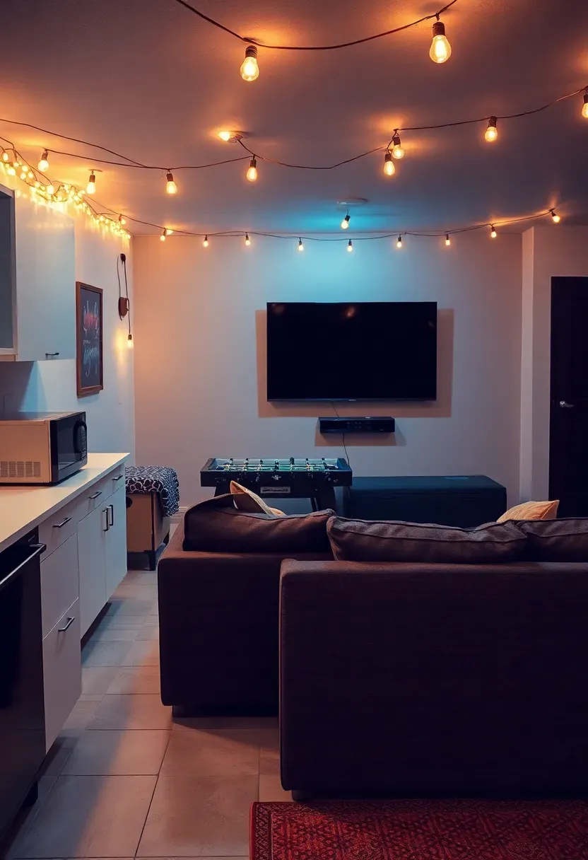 Teen hangout basement space with a small kitchenette, sectional couch, mounted TV, string lights, and a foosball table