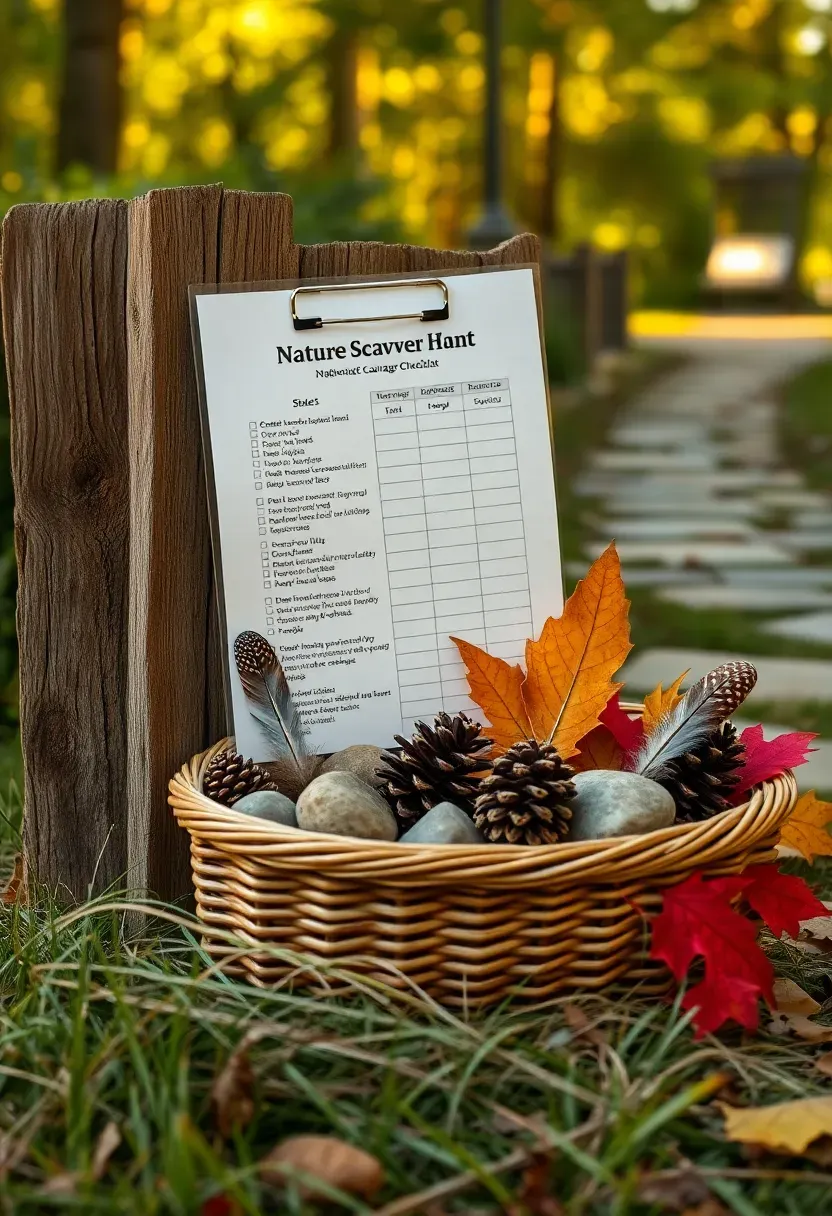 A laminated nature scavenger hunt checklist pinned to a wooden post in a backyard, surrounded by collected items like pinecones, feathers, smooth rocks, and leaves in a basket
