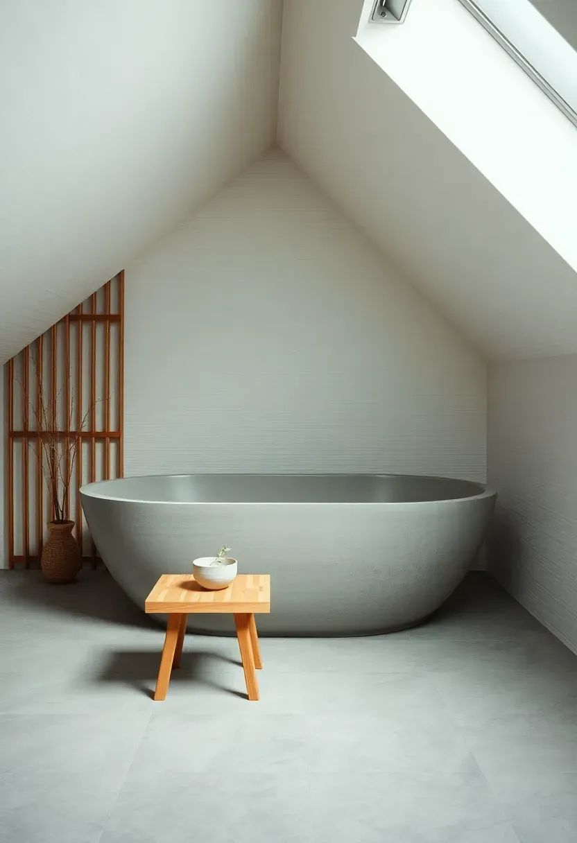 Japandi attic bathroom with washi-textured white wall panels following the roof pitch, polished concrete soaking tub, bamboo stool, and ceramic cup with eucalyptus