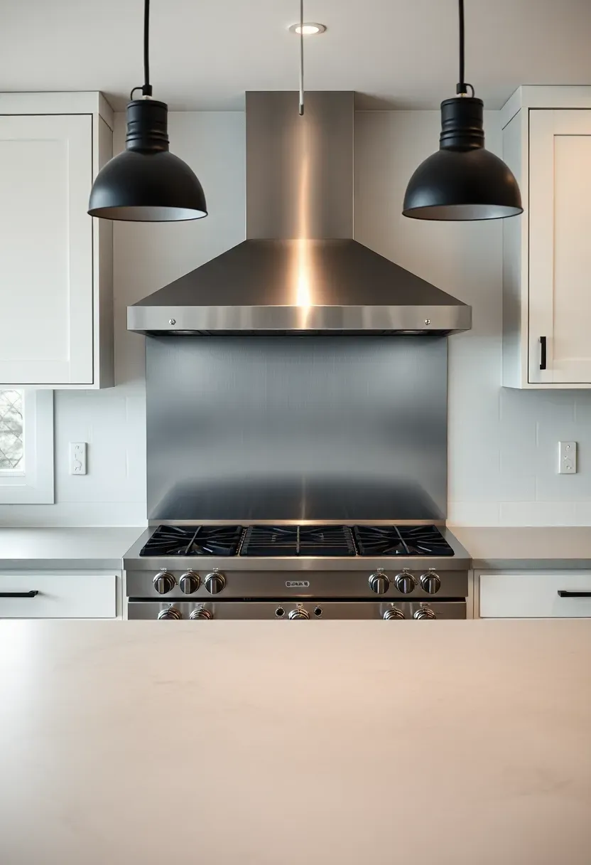 stainless steel sheet backsplash behind professional range in a white kitchen with industrial pendant lights and concrete countertops