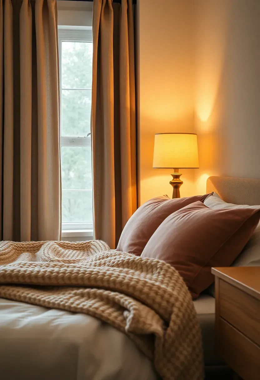 Bedroom with floor-length linen curtains, layered cushions and a knit throw on the bed, and a warm glowing table lamp on the nightstand