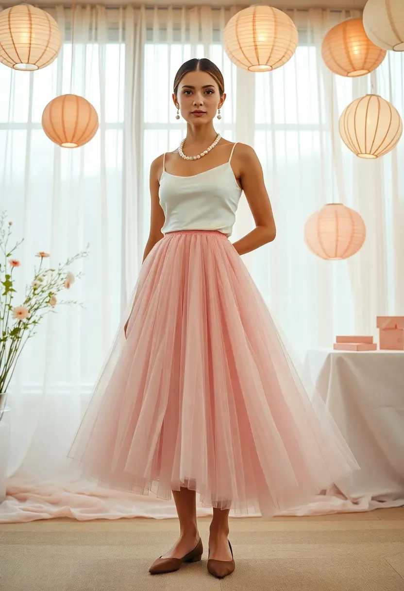 woman wearing a soft pink tulle midi skirt paired with a fitted white top and pearl accessories at a whimsical baby shower