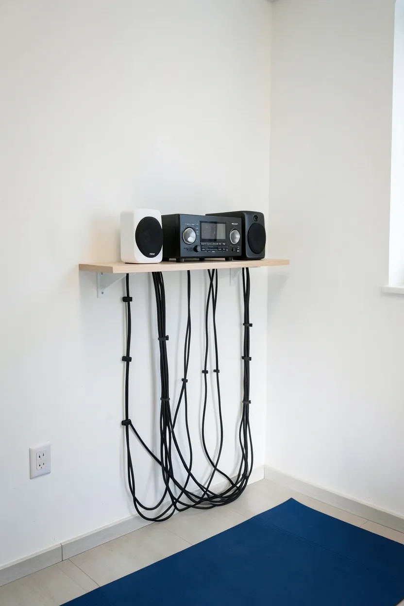 Clean cable management with adhesive clips routing audio and charging cables along the baseboard in a minimalist apartment gym — clutter-free electronics setup for rentals