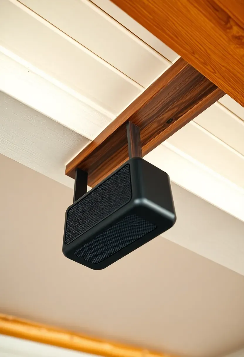 Small weatherproof Bluetooth speaker mounted to a porch ceiling beam, partially concealed by a wooden bracket