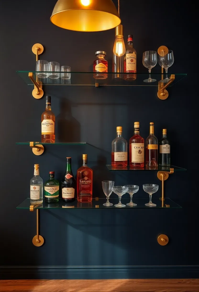 brass and glass shelving wall system used as bar backsplash with bottles and cocktail glasses