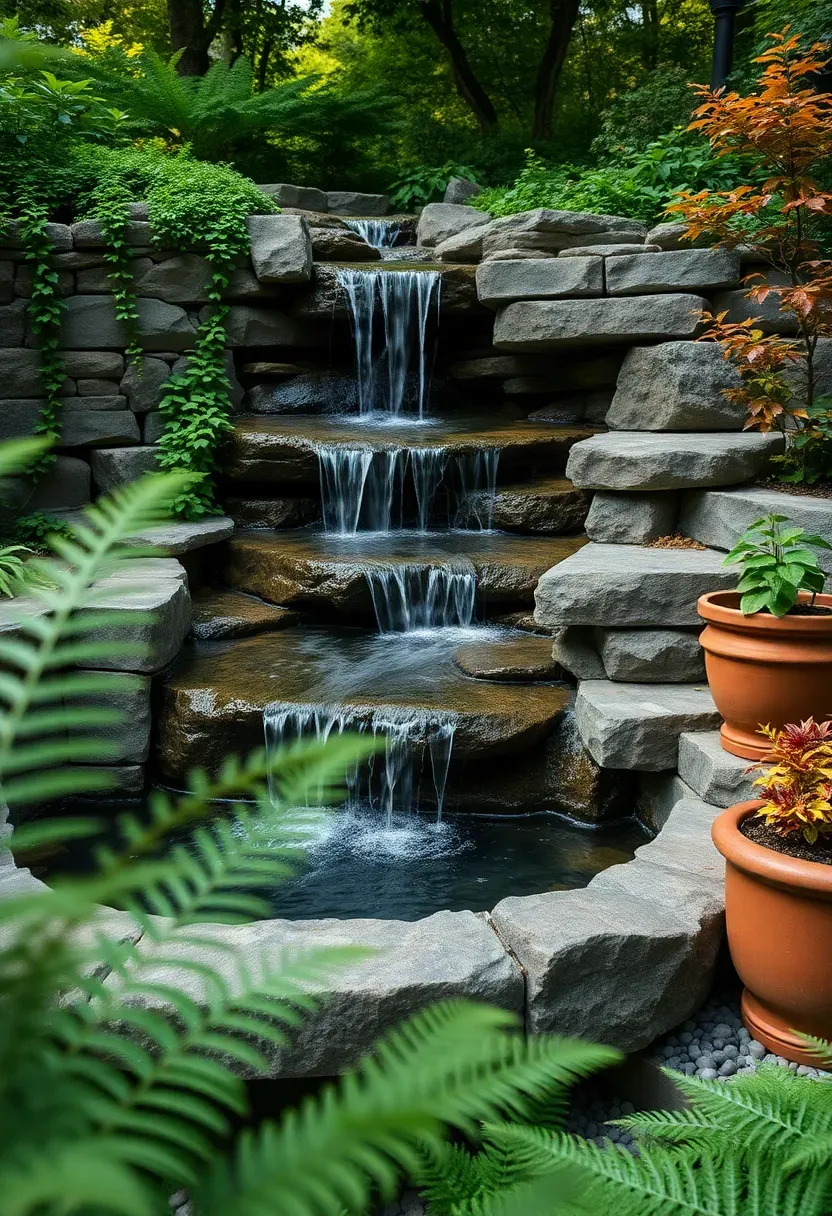 Naturalistic stacked fieldstone waterfall cascading over three levels into a small garden pool surrounded by hostas and dwarf Japanese maple