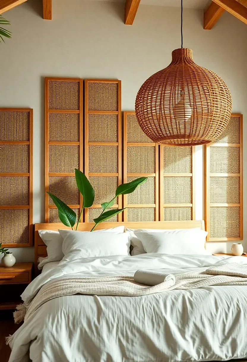 tropical modern bedroom with cane webbing panels mounted in a grid pattern on the accent wall behind the bed with rattan pendant light and tropical plants