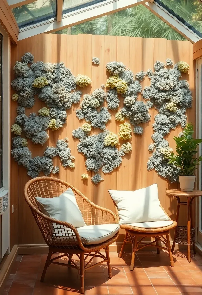 Sunlit conservatory with a living lichen garden accent wall featuring patches of real preserved lichen in silver-green, yellow, and pale grey on a natural wood panel backing