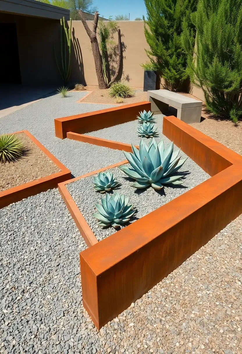 Contemporary backyard with angular gravel beds bordered by rusted Corten steel edging strips and architectural succulents planted in geometric groupings