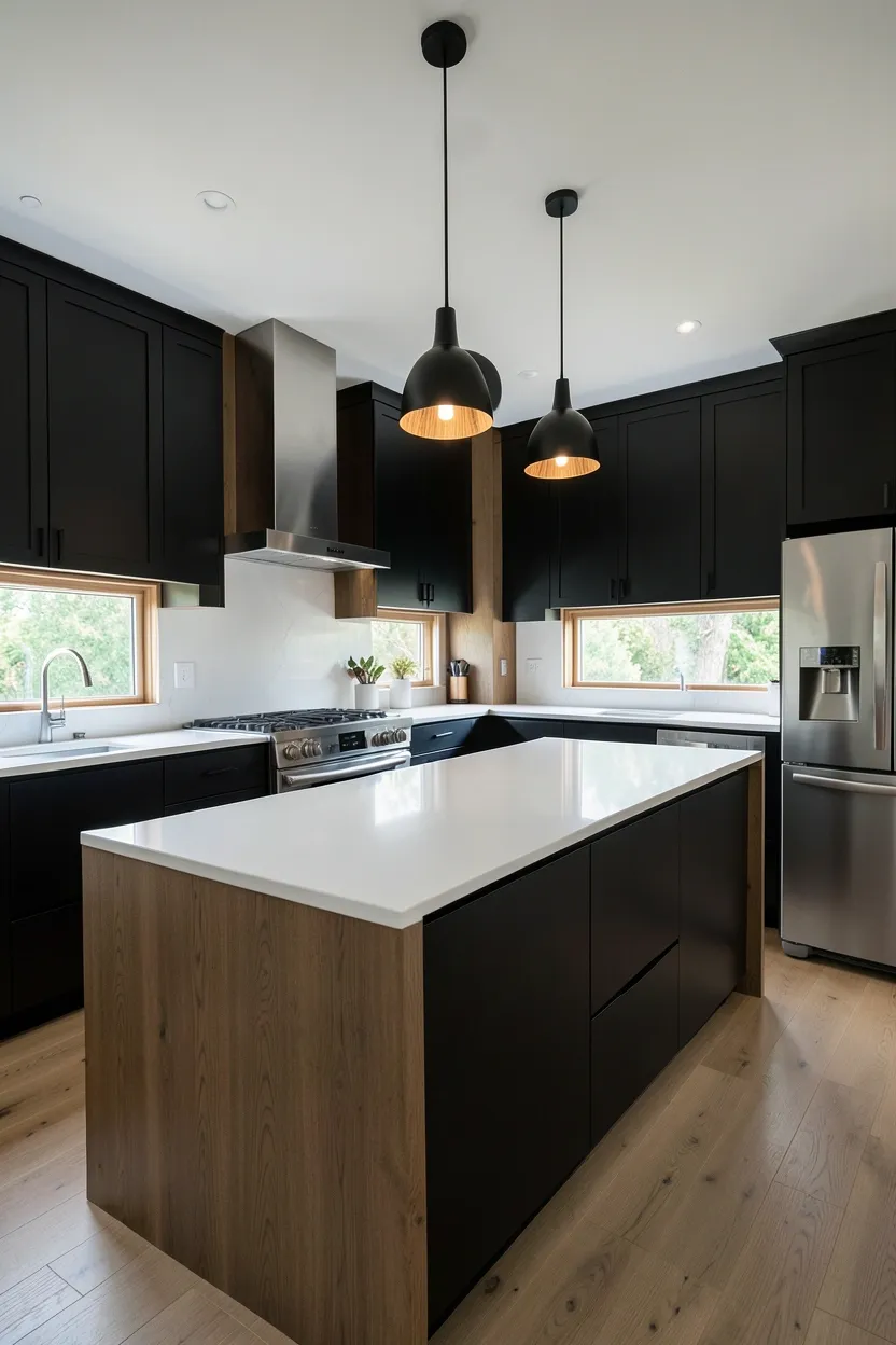 Complete black and wood kitchen design — full room with matte black cabinets, walnut accents, open shelving and warm flooring