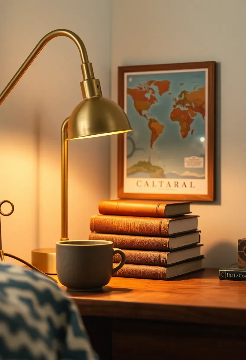 vintage thrifted dorm room corner with mismatched warm-tone frames old books ceramic mug and retro lamp