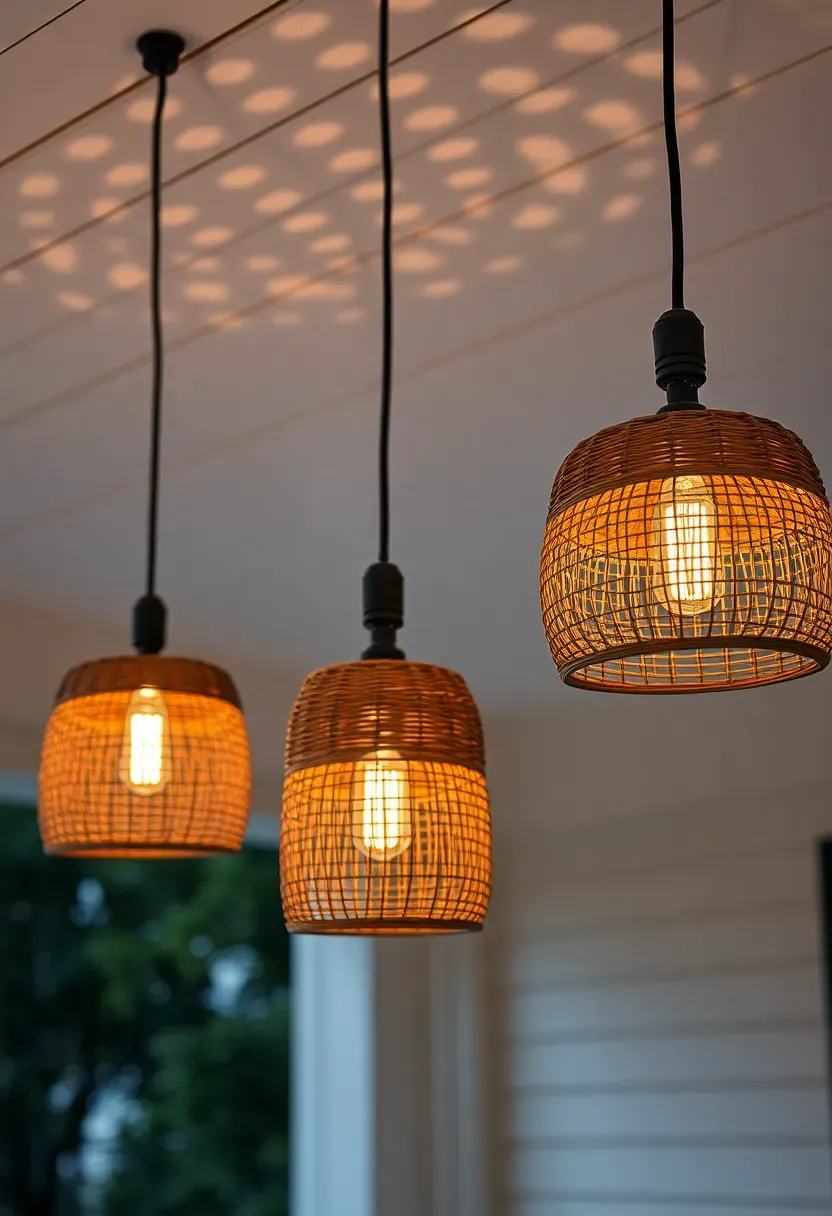 Three pendant lights with woven rattan shades hanging at different heights over a backyard porch seating area
