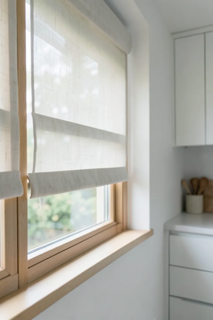 Linen roller shade filtering soft natural light in a Scandinavian kitchen window — minimal natural fabric window treatment for a bright Nordic space