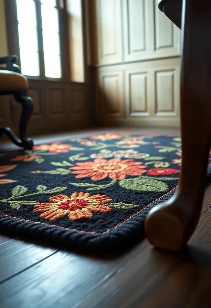 traditional hooked rug with floral pattern on dark wide plank hardwood floor in a colonial parlor
