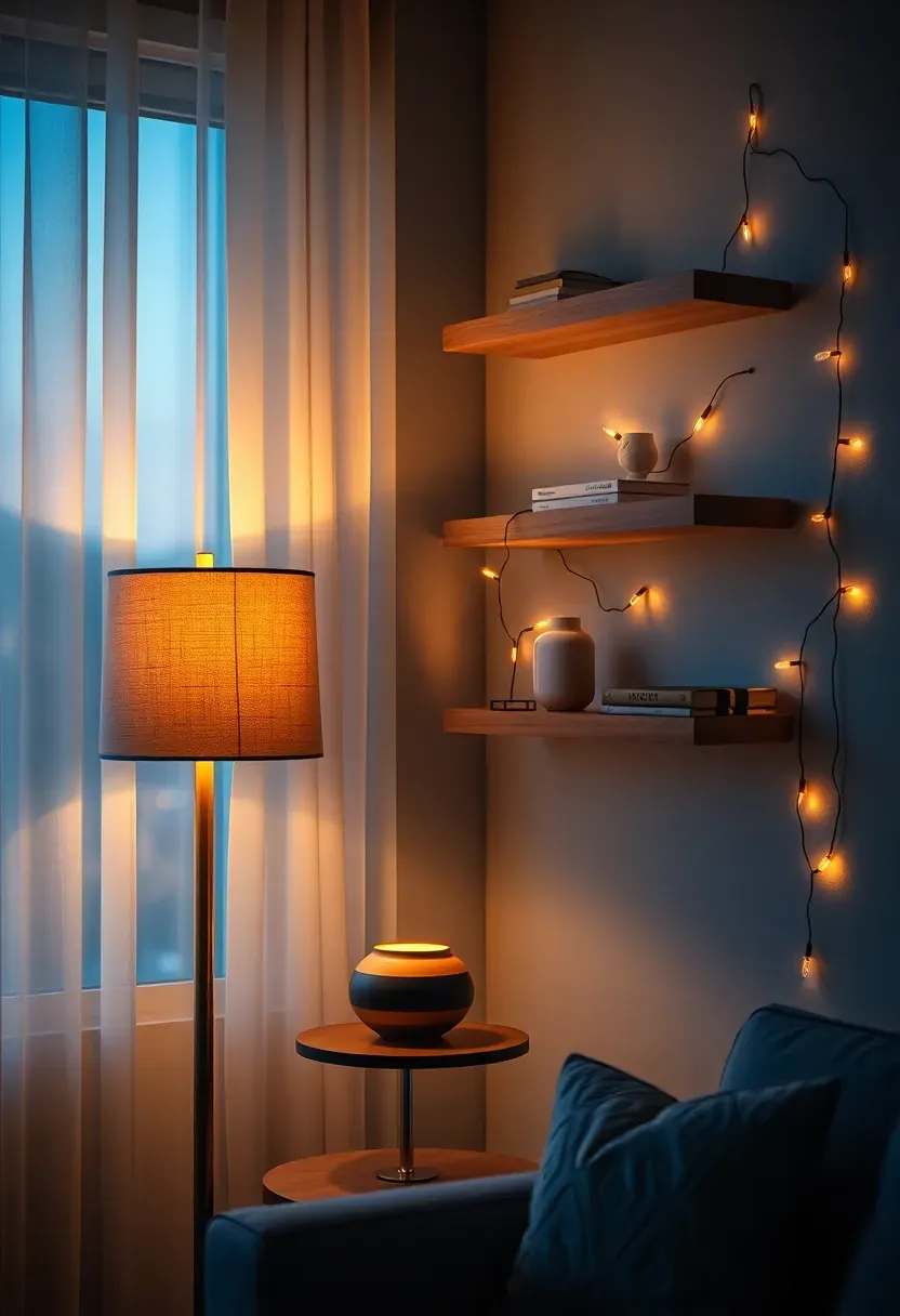Small living room at dusk with three light sources visible: a slim floor lamp in the corner, a warm table lamp on a side table, and LED string lights draped along floating shelves