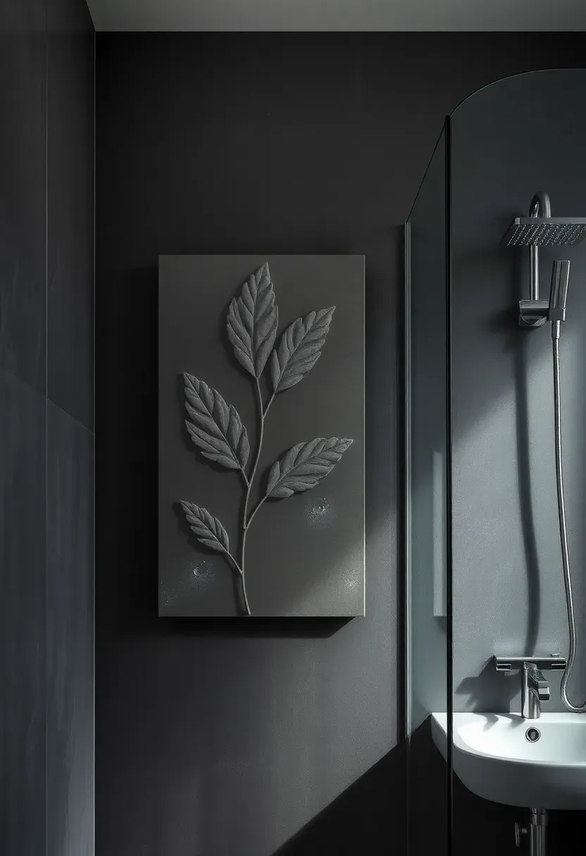 Concrete cast relief panel with abstract organic impressions mounted on a slate gray bathroom wall beside a rain shower