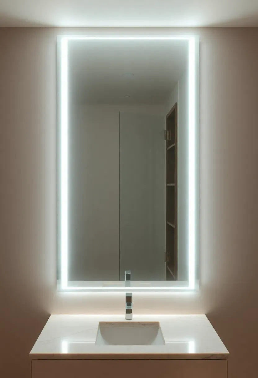 Large statement mirror with integrated LED strip lighting above a minimalist vanity in a calm modern luxury bathroom