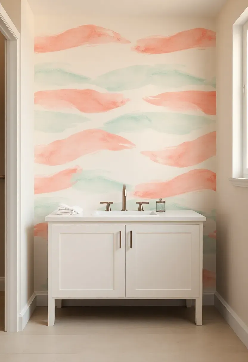 Bathroom accent wall with minimalist coastal wallpaper featuring abstract waves in pastels