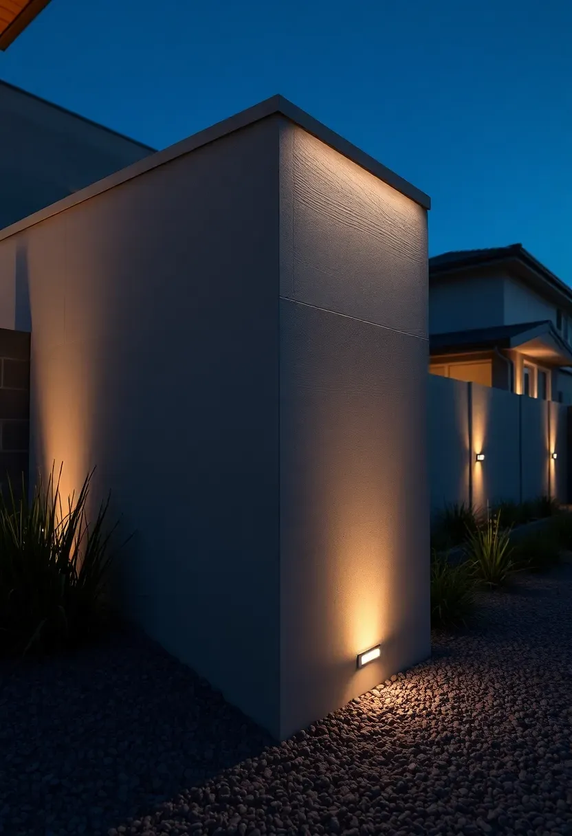 Tall cantilevered concrete retaining wall with recessed LED strip lighting along the base illuminating a modern backyard landscape at night