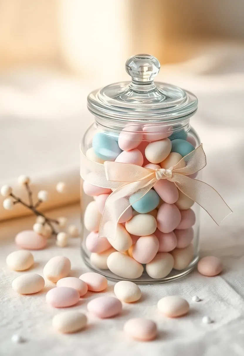 small glass candy jar filled with pastel colored jordan almonds and tied with a sheer ribbon beside baby shower game scorecards