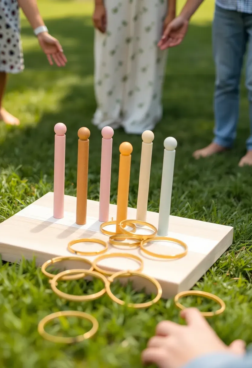 DIY ring toss game at a backyard engagement party with painted wooden pegs on a board and gold rings, guests laughing while playing on the lawn
