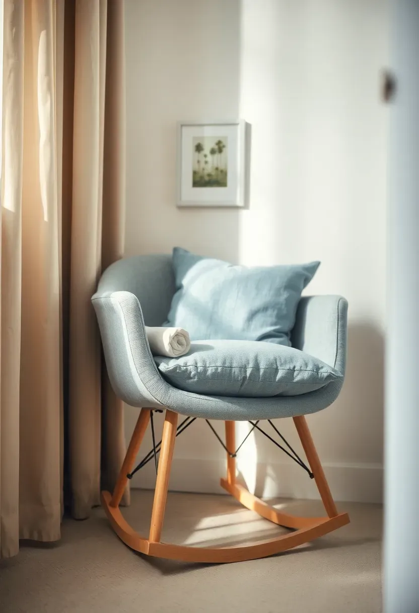 narrow streamlined rocking chair in small baby boy nursery fitting in tight corner with blue cushion