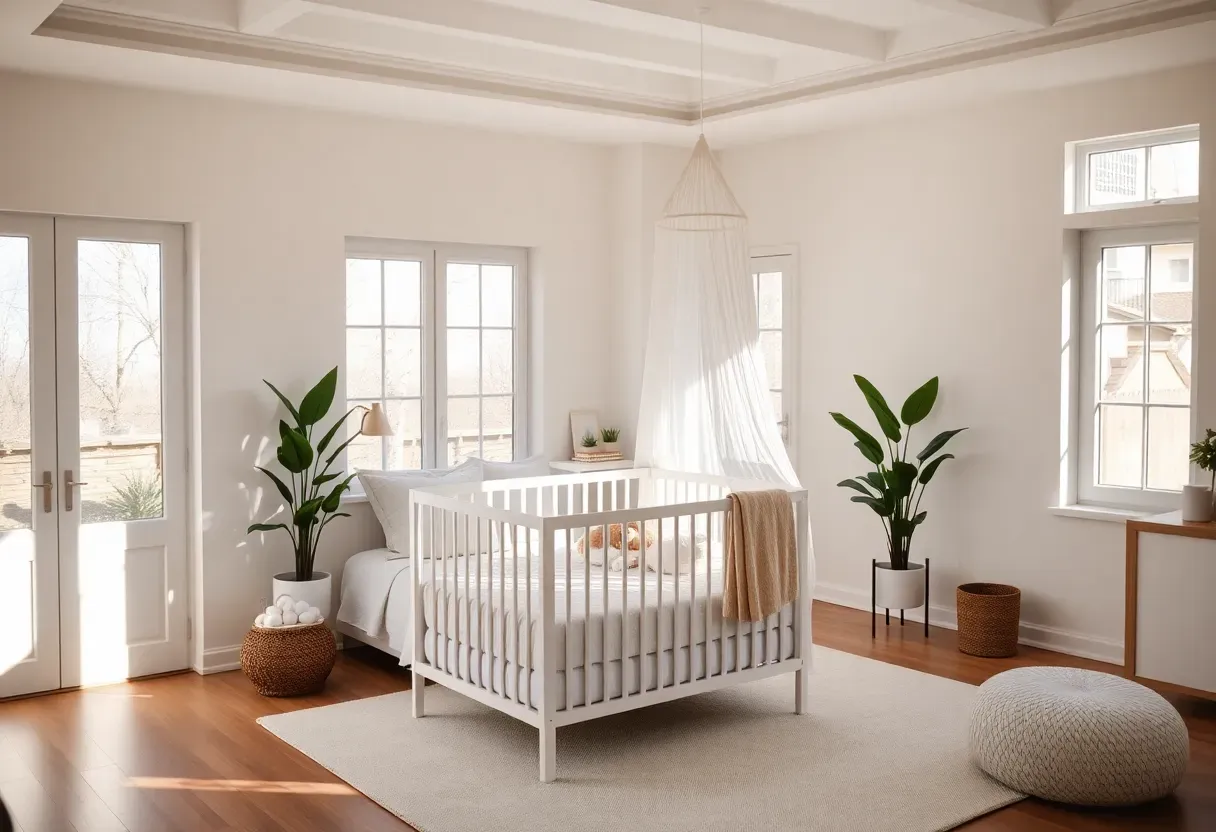 Cozy nursery corner in a small master bedroom rental with mini crib, soft neutral tones, and renter-friendly freestanding storage