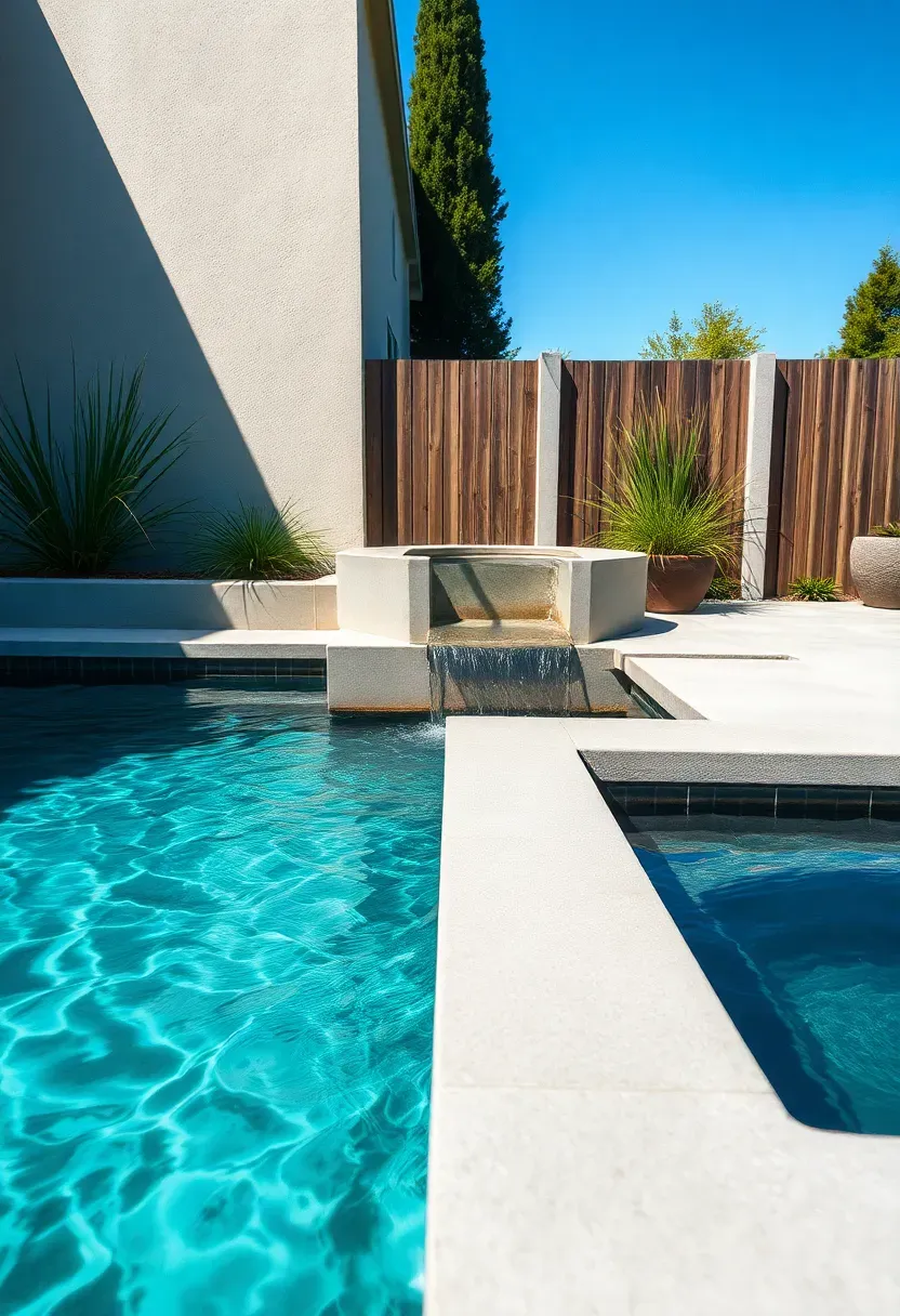 A modern backyard with a small concrete plunge pool connected to a separate raised hot tub via a short waterfall feature