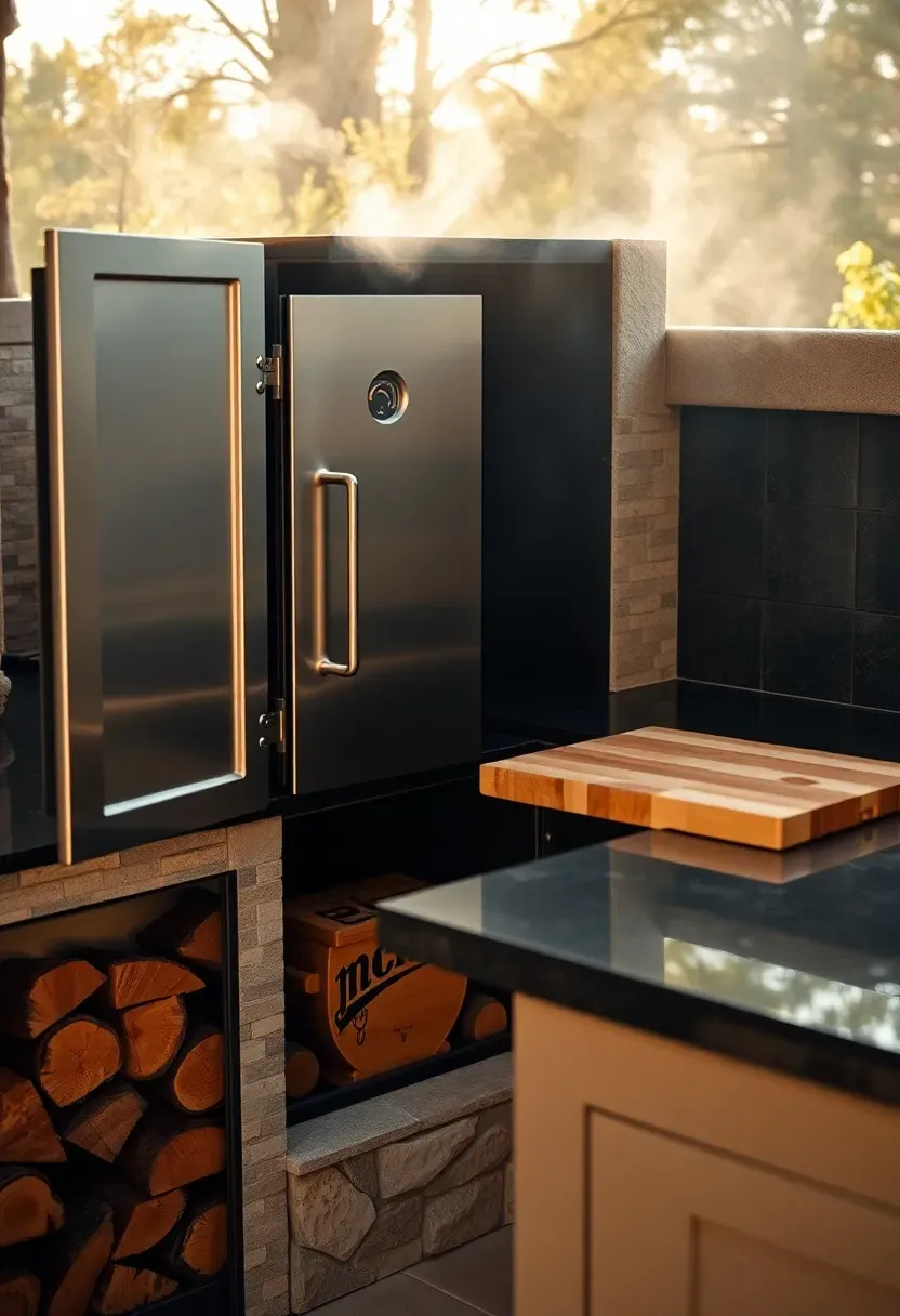 Hyper-realistic 3/4 view of a built-in offset smoker cabinet with stainless steel doors, adjacent granite prep counter with wood cutting board, firewood storage niche below, and temperature gauge visible on smoker door. Materials: stainless steel smoker, honed black granite countertop, butcher block cutting board, stone veneer base. Warm wood smoke haze in air, golden afternoon light, rich brown and metallic tones. Serious barbecue mood, shallow depth of field with sharp focus on smoker details and cutting board texture, stack of split firewood visible. No text, no logos, no watermarks.</p>
