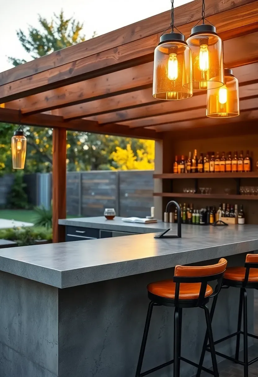 Outdoor sunroom bar area with a polished concrete countertop, three bar stools, pendant lights hanging from a pergola, bottles displayed on floating shelves, and warm evening light