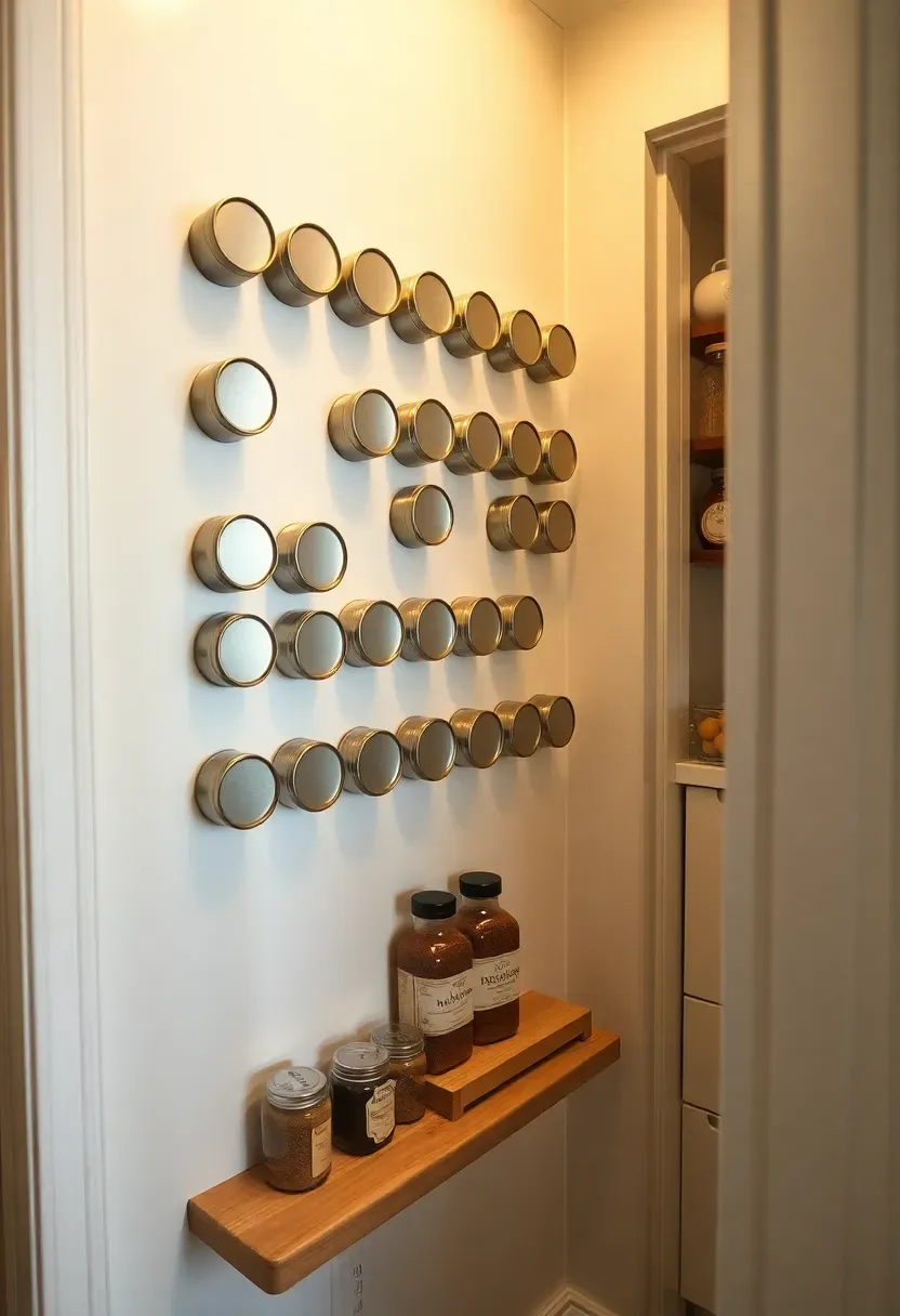 Full-height pantry wall section with a magnetic spice system — rows of round tin containers attached to a white enameled steel panel, some slightly tilted from daily use, narrow oak ledge below with loose jars, kitchen counter visible through doorway