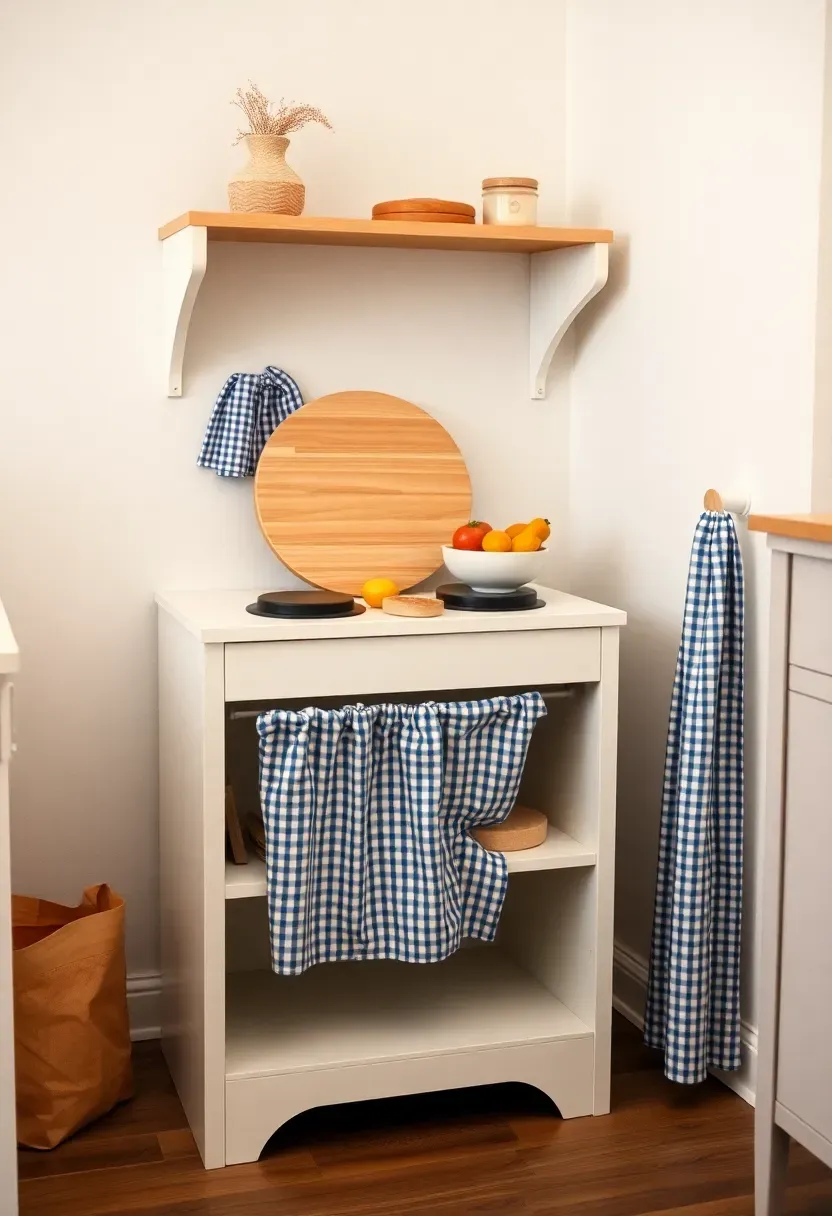 play kitchen setup in basement using IKEA Kallax shelving with toy food and mini appliances