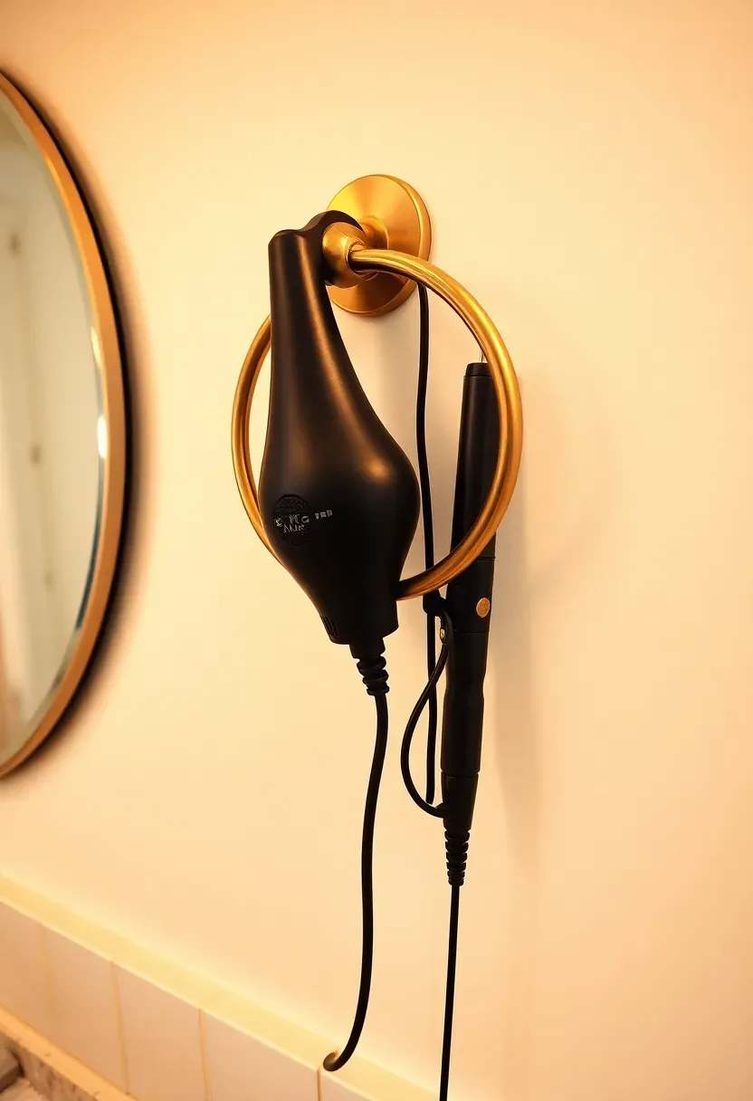 Brass towel ring mounted on a bathroom wall with a hair dryer and curling iron hanging from it by their cords