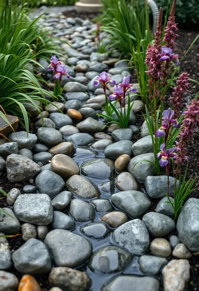 Natural rain garden with a dry creek bed of river stones flanked by native sedges, iris, and joe-pye weed capturing stormwater runoff