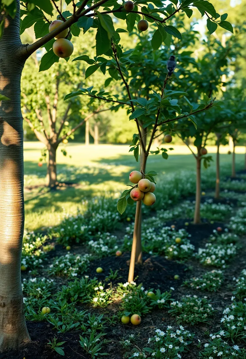 A mini backyard orchard with dwarf apple, pear, and plum trees spaced in a grid pattern with wildflowers growing beneath