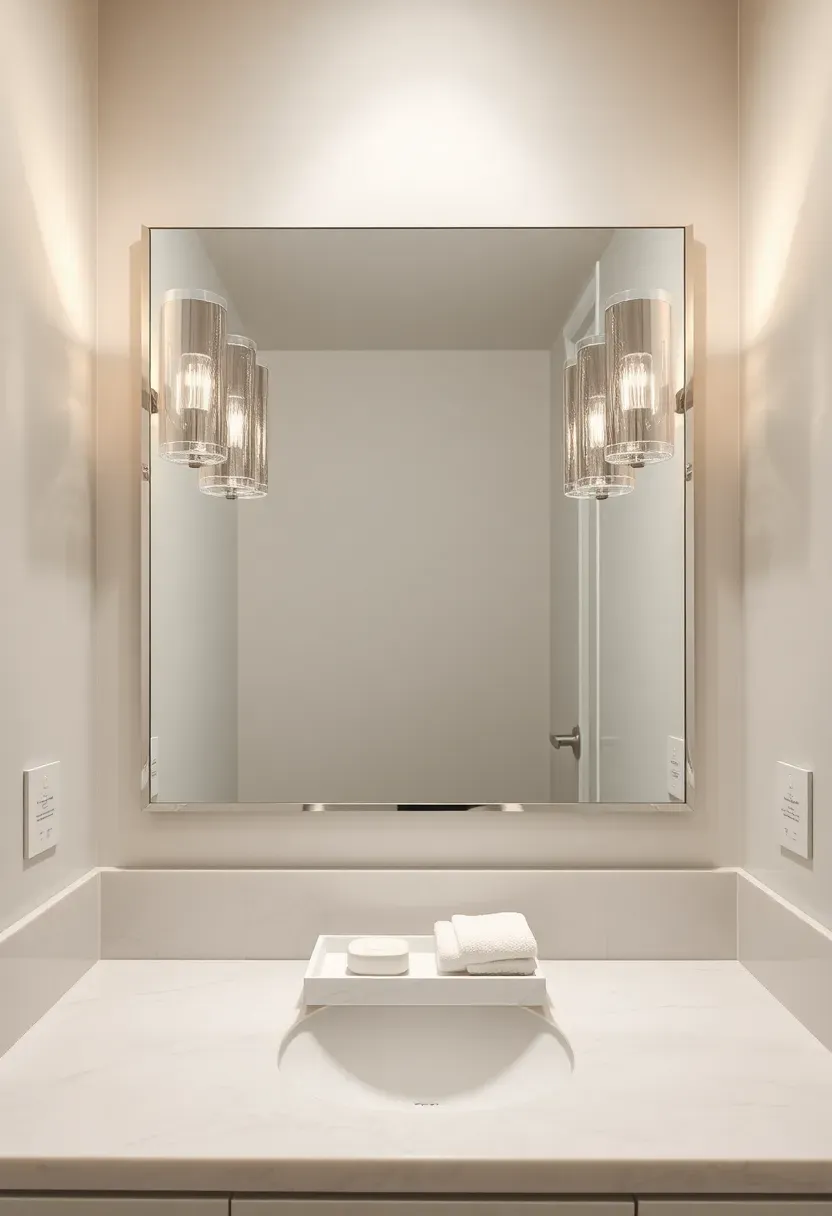 Pair of polished nickel cylinder sconces flanking a rectangular bathroom mirror with marble countertop below