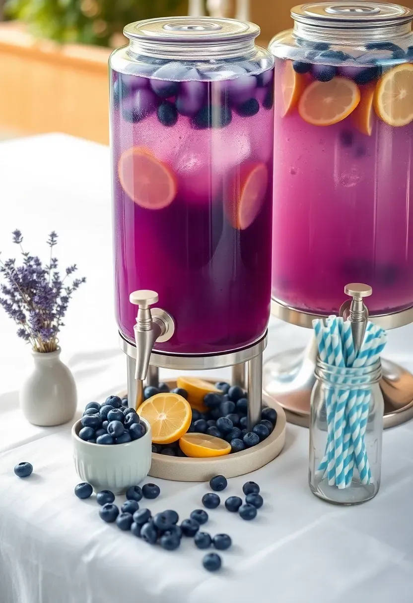 blueberry lavender lemonade station with glass dispensers, fresh blueberries, lavender sprigs, and blue striped paper straws