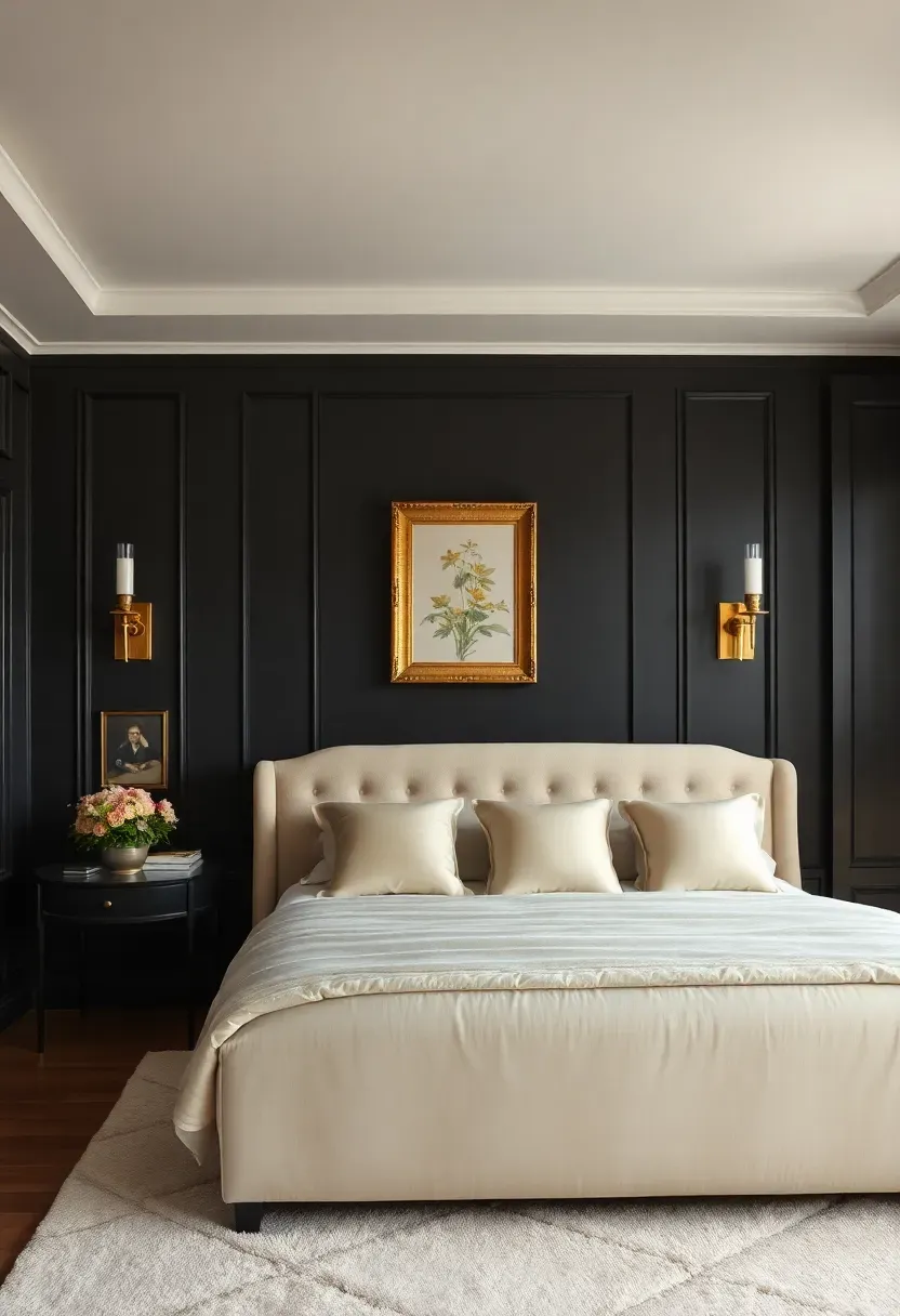 Hyper-realistic wide shot of luxurious bedroom with matte black walls, ivory upholstered bed with champagne silk pillows, brass wall sconces and picture frames, white ceiling. Materials: matte black paint, ivory velvet bedding, polished brass, cream area rug. Warm golden ambient light from brass sconces (2700K), soft window light right. Architectural Digest mood, balanced composition, shallow depth of field with sharp bed details. No text, no logos, no watermarks.</p>