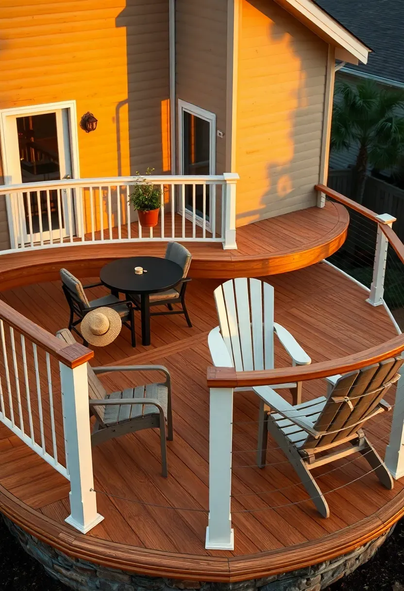 Full wraparound two-level deck encircling a house on three sides with the upper level along the back wall and the lower level extending around the side yards