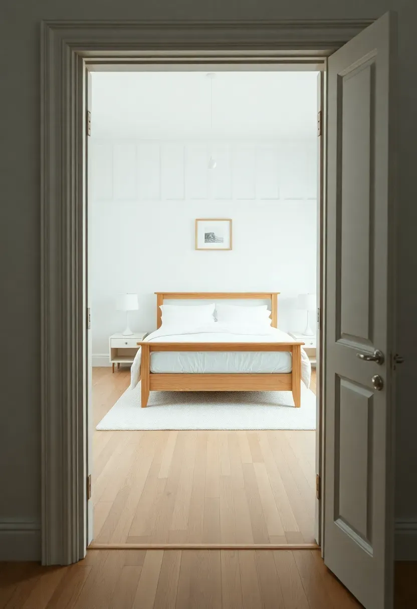 Hyper-realistic view through doorway into minimalist bedroom showing balanced visual composition — light wood bed frame with white linens, small white nightstands, one small artwork above bed, abundant white space, light oak floor. Materials: white painted walls, light oak furniture, white bedding. Soft natural light, visually balanced airy mood. Evenly distributed visual weight, shallow depth of field, no text, no logos.</p>