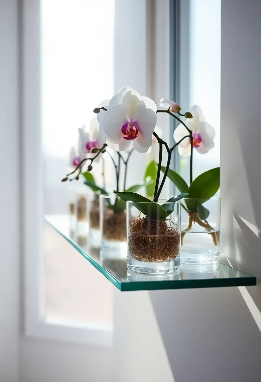 Elegant row of white and purple phalaenopsis orchids in clear glass pots on a narrow floating glass shelf in a bright sunroom with soft diffused light