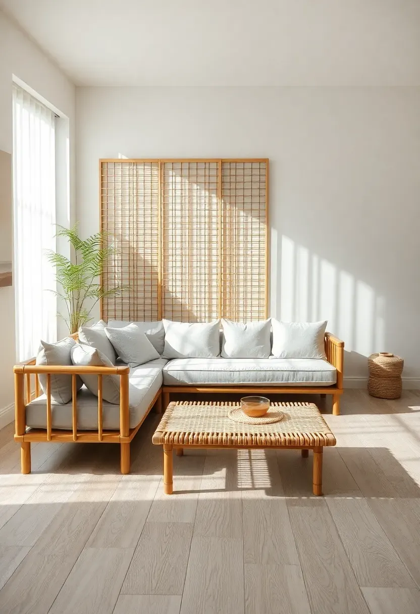 Hyper-realistic view of minimalist living room with bamboo elements. Bamboo frame sofa with linen cushions, bamboo coffee table, bamboo room divider as screen, white oak flooring. Materials: natural bamboo with visible nodes, linen upholstery, light oak, cream walls. Soft natural daylight, bamboo casting delicate shadows. Zen organic modern mood with pale neutral palette. Shallow depth of field, sharp details on bamboo texture, minimalist arrangement, visible shoji screen or Japanese-inspired window treatment.</p>
