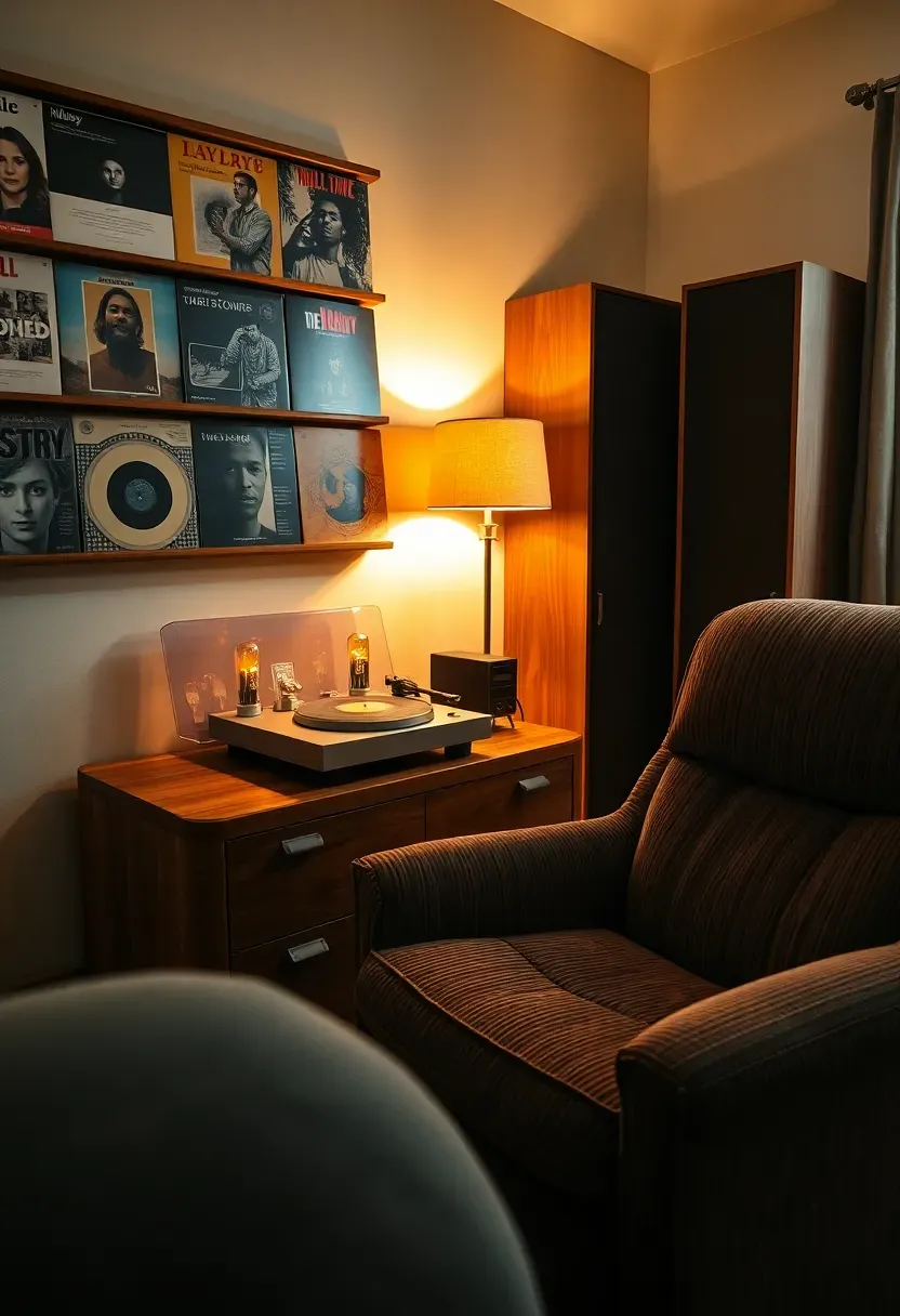 Vinyl listening room with wall-mounted record shelving, vintage turntable on a wood console, tube amplifier, comfortable armchair, acoustic panels, and warm lamp lighting