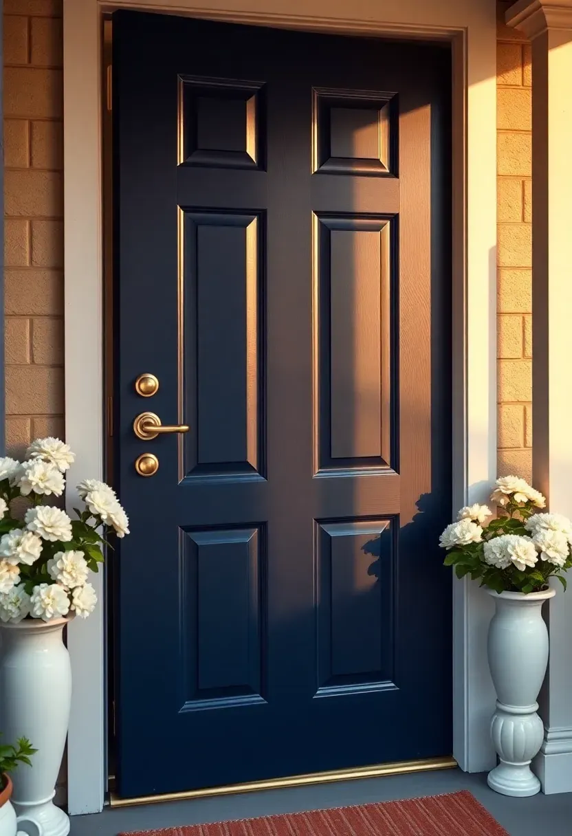Ranch home front door transformation with bold navy blue door, brass hardware, and sidelights