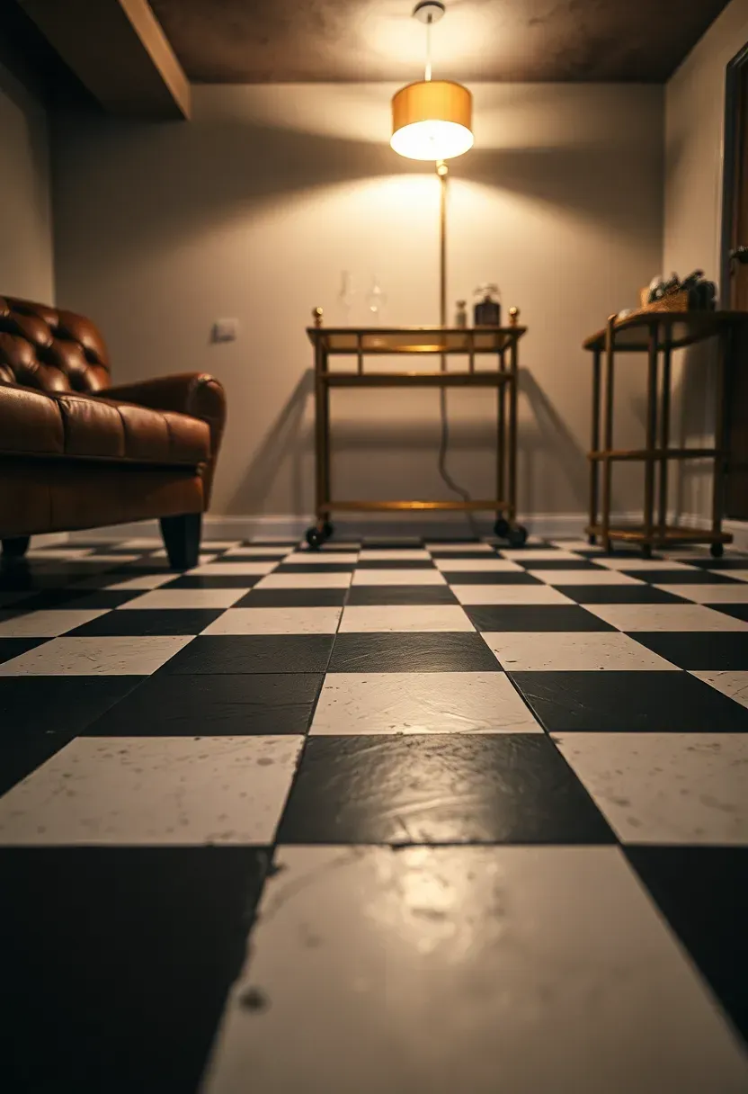 Black and white checkerboard painted basement floor with crisp lines in a retro-styled recreation room