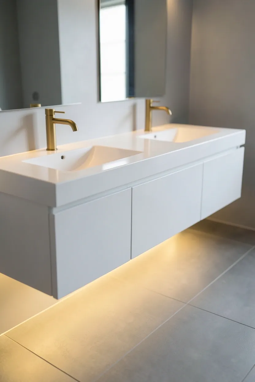 White floating vanity with under-cabinet LED glow against gray floor-to-ceiling tiles and gold faucet handles — modern aesthetic bathroom