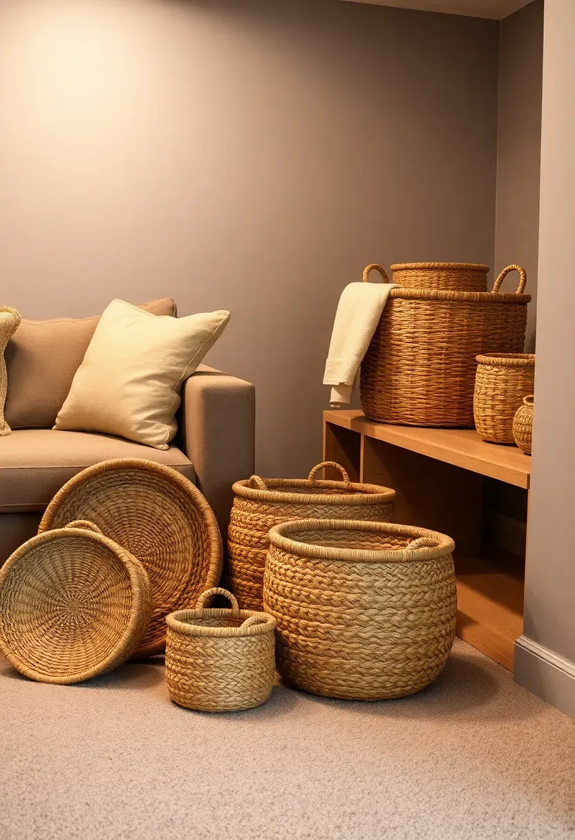 Assorted woven seagrass and rattan baskets in different sizes arranged on shelves and the floor of a decorated basement corner