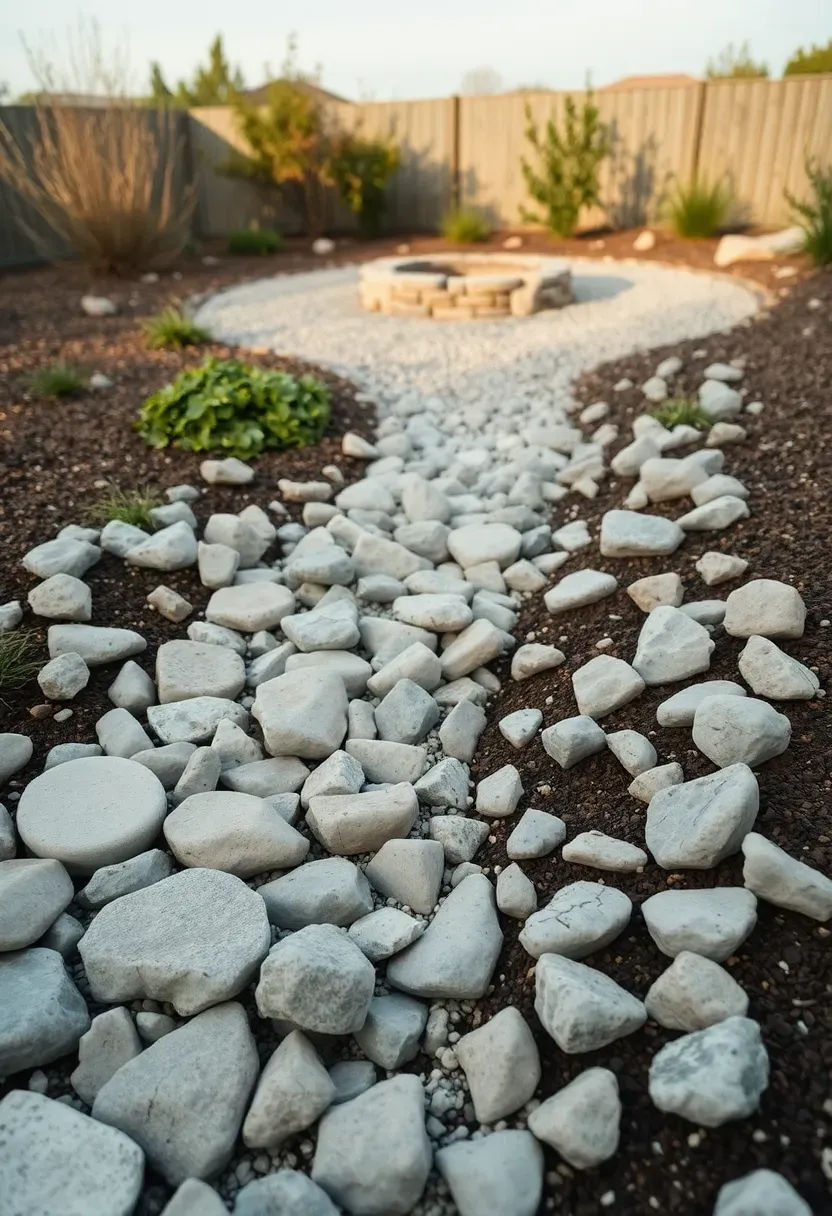 A dry creek bed made of smooth river stones winding through a backyard to a circular fire pit clearing