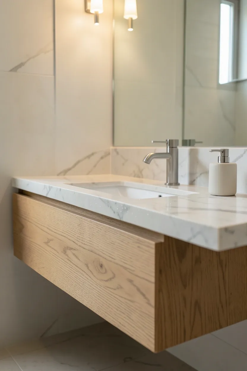Natural walnut wood vanity with visible grain pattern and white undermount sink in a warm modern bathroom