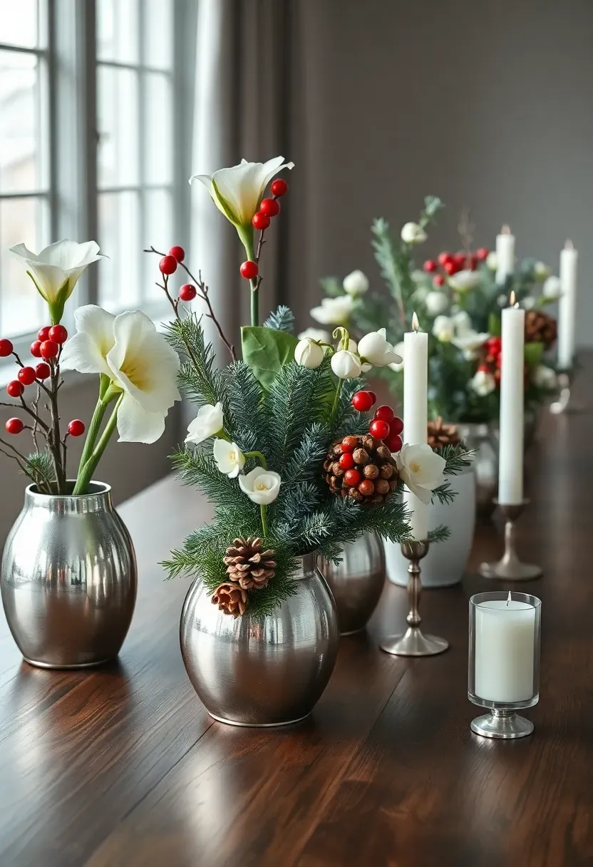 Seasonal holiday flower bar with winter white flowers, evergreen branches, pine cones, and red berries in festive arrangements for a Christmas party